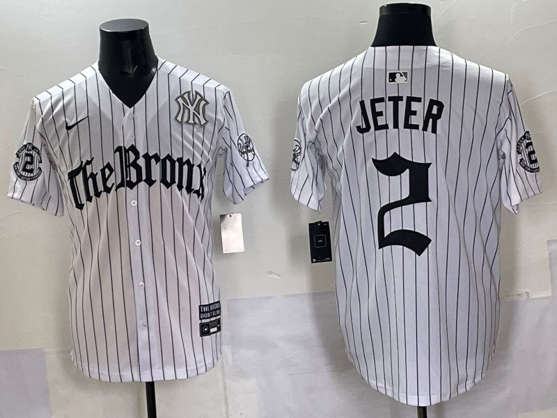Men 2025 New York Yankees #2 Jeter White Stripe Five generations Joint Name Nike MLB Jersey style 09